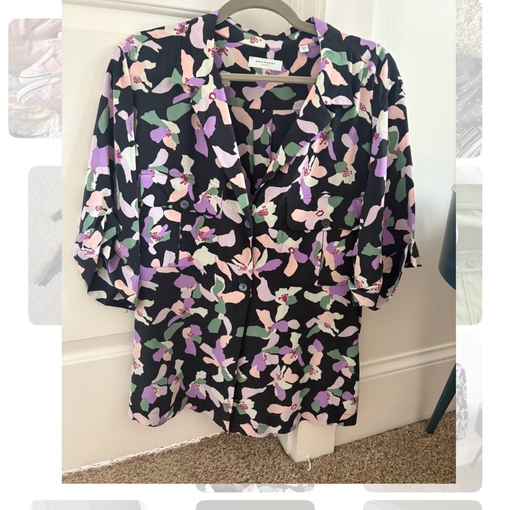 Equipment Black Floral-Print Silk Blouse